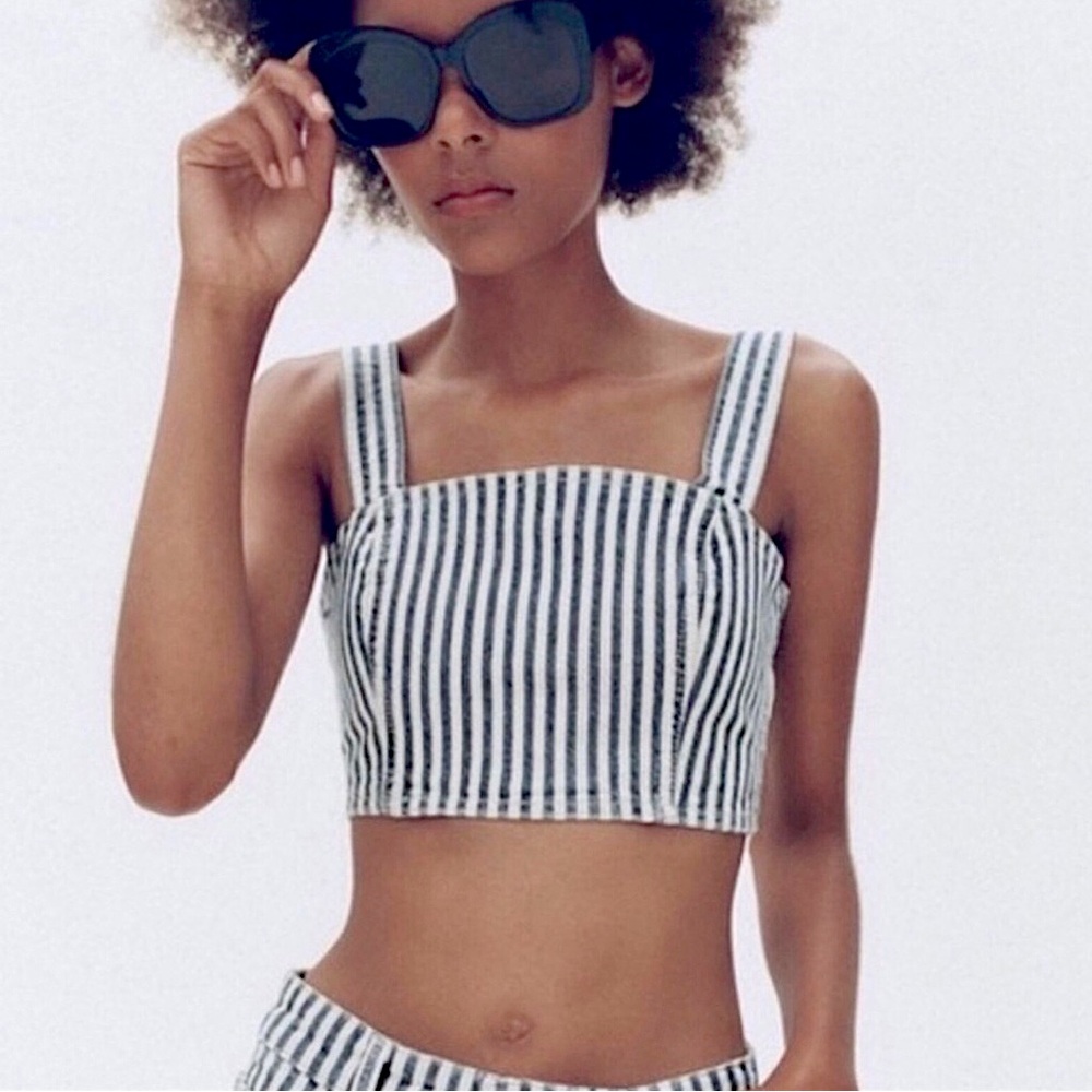 NEW Zara Striped Denim Crop Top